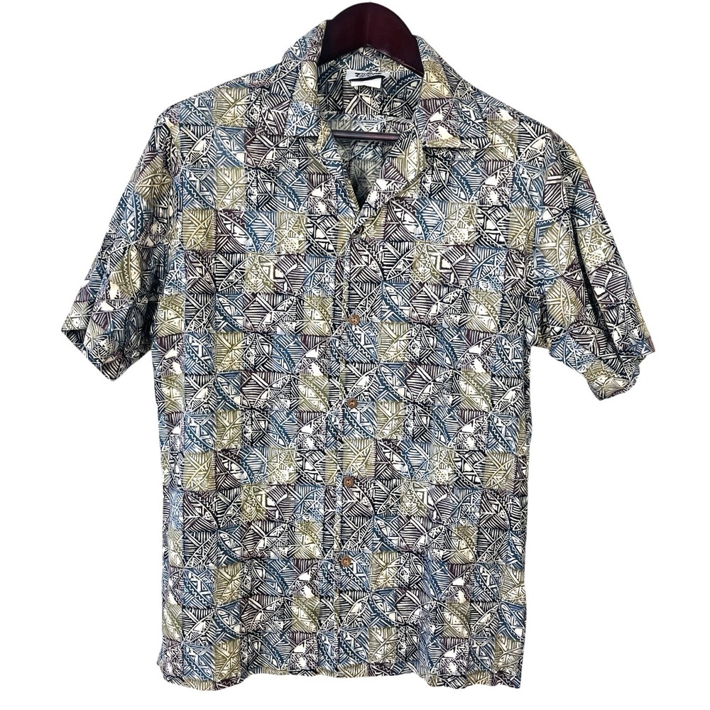 Vintage Hilo Hattie Hawaiian Shirt Mens L Cotton Blend Aztec Print Short Sleeve